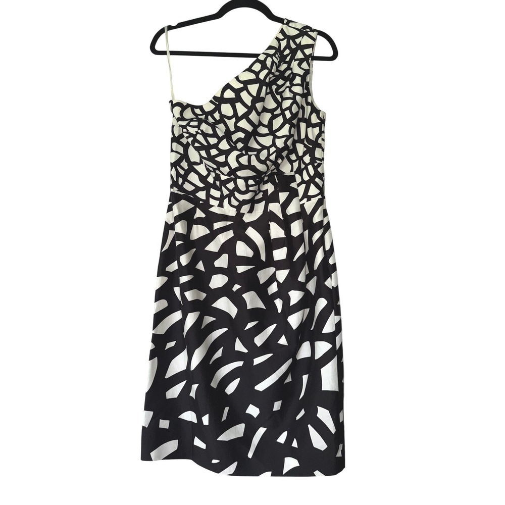 Etcetera One Shoulder Silk Cotton Abstract Mosaic Print Dress Black White 8 NEW